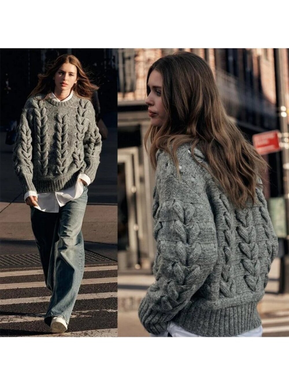 Zara Small Grey Chunky Cableknit Oversized Sweater